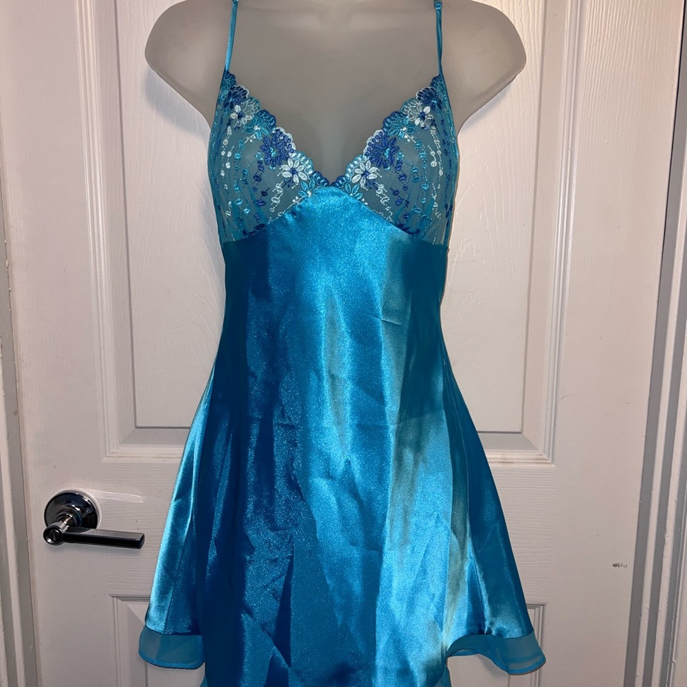 Blue Satin Nightgown with Floral Lace